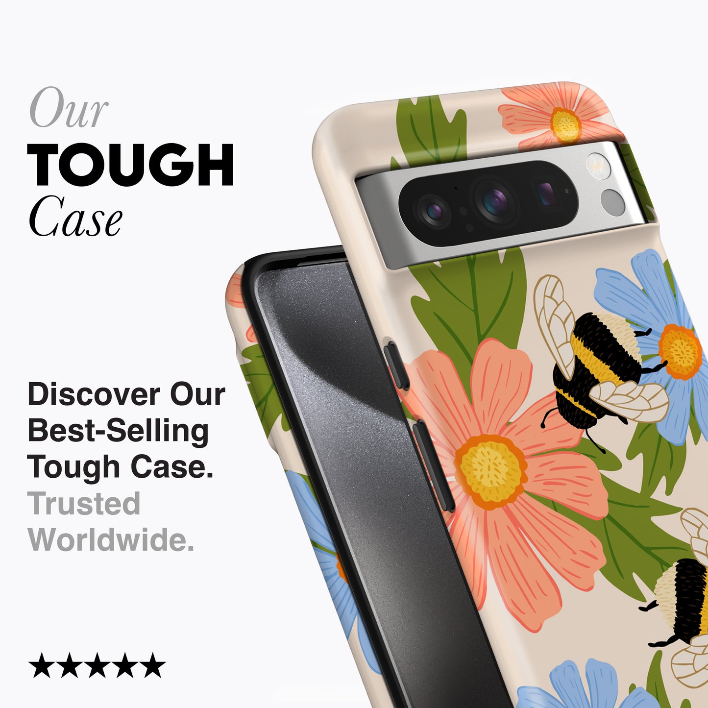 
                  
                    a phone case with flowers and bees on it
                  
                