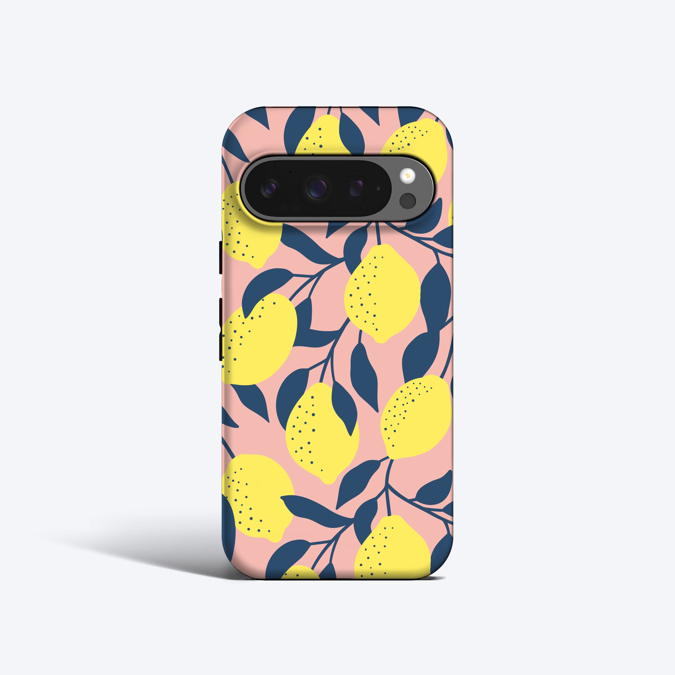 a phone case with lemons and leaves on a pink background