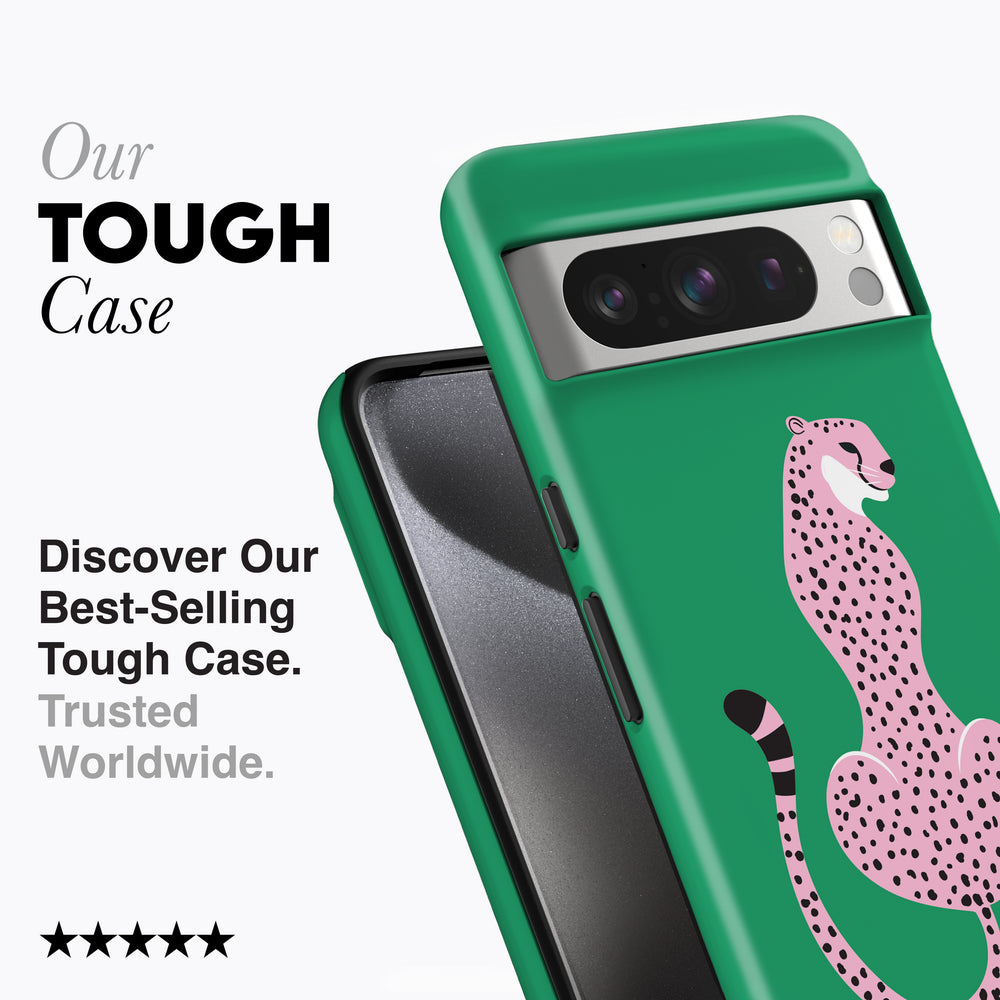 
                  
                    a green case with a pink cheetah on it
                  
                