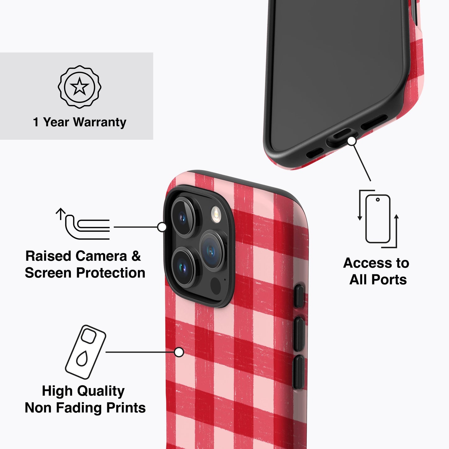 
                  
                    a red and white checkered phone case with a 1-year warranty, raised camera and screen protection, high quality non fading prints, and access to all ports.
                  
                