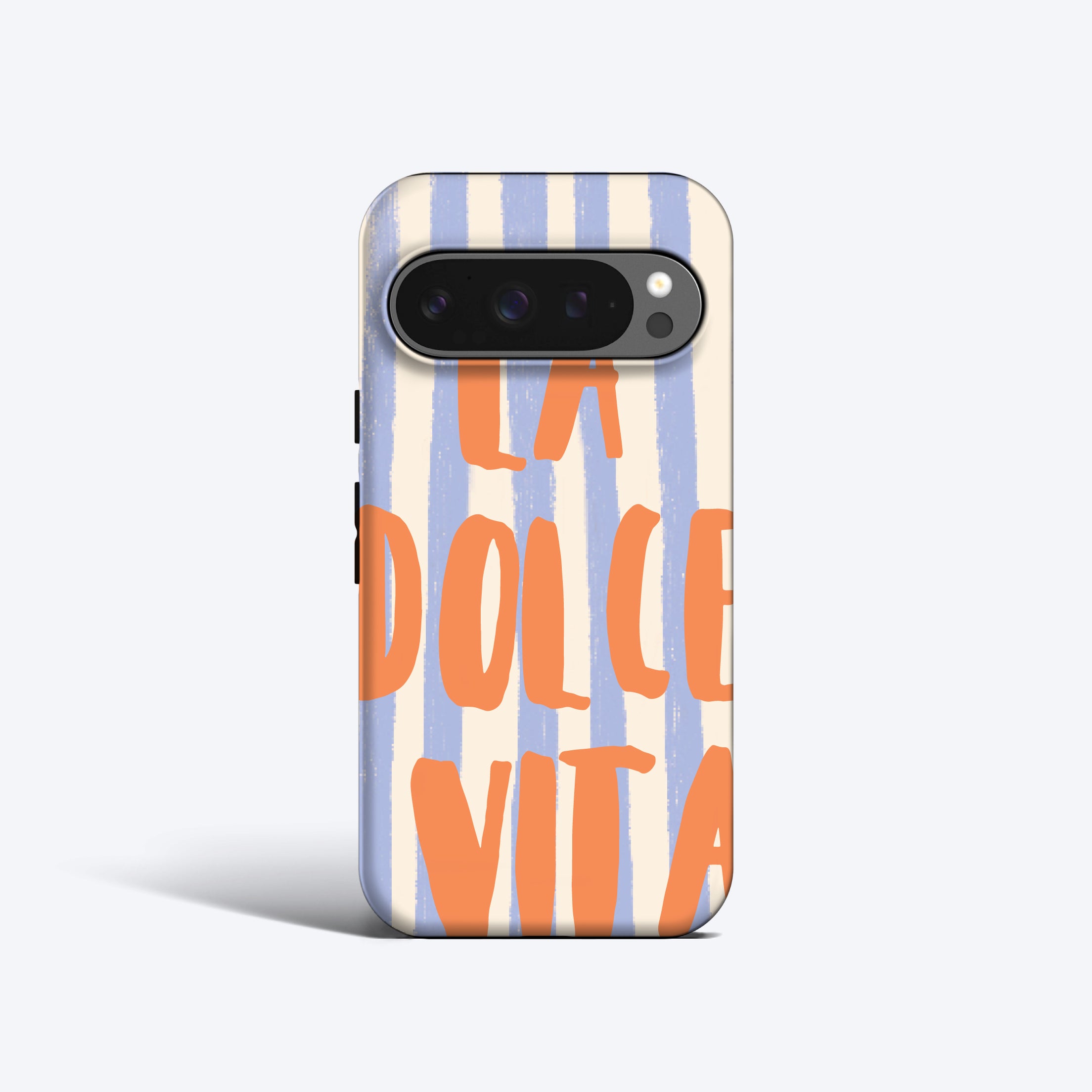a phone case with an orange and blue striped pattern