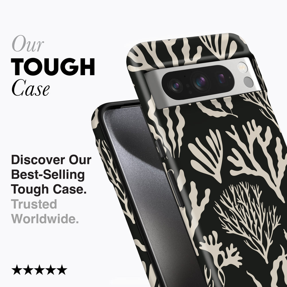 
                  
                    a black and white case with white corals on it
                  
                