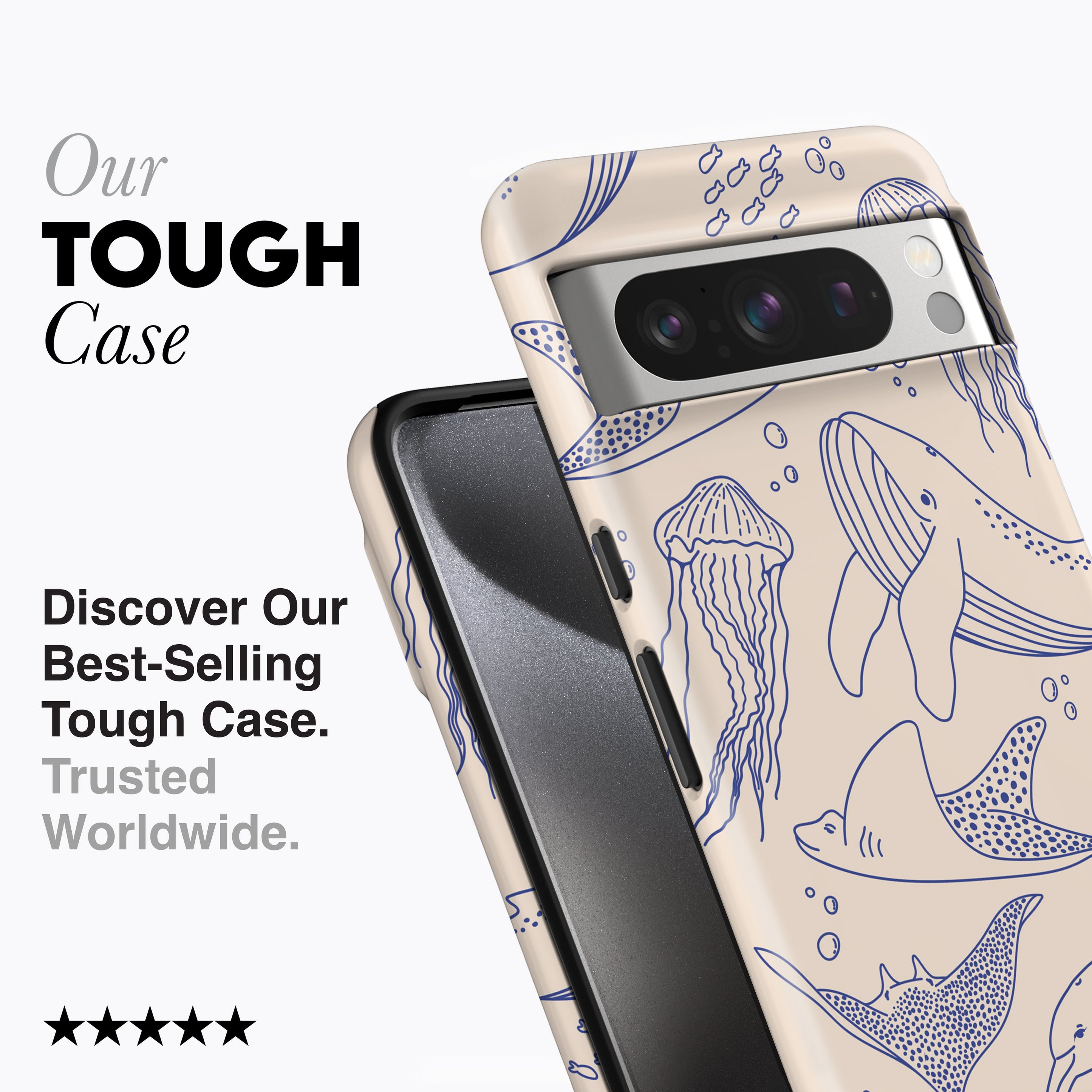 
                  
                    a phone case with an image of a fish and jellyfish on it
                  
                