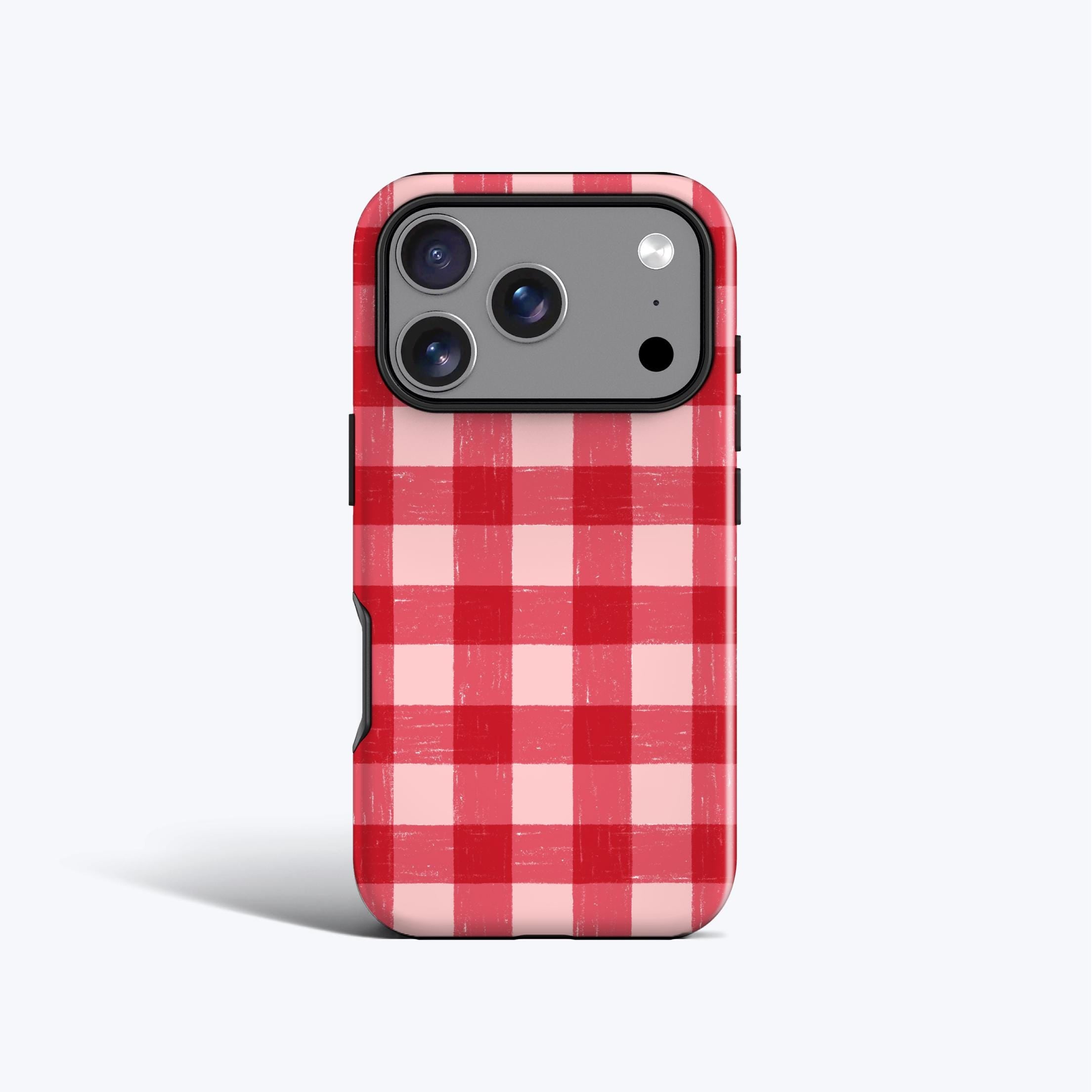 a phone case with a red and white checkered pattern.