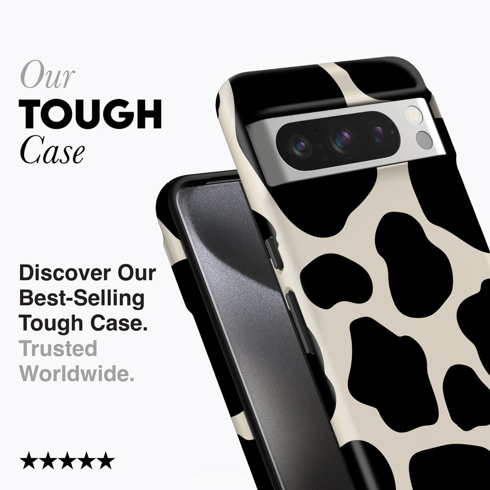 
                  
                    a cell phone case with a black and white cow print
                  
                