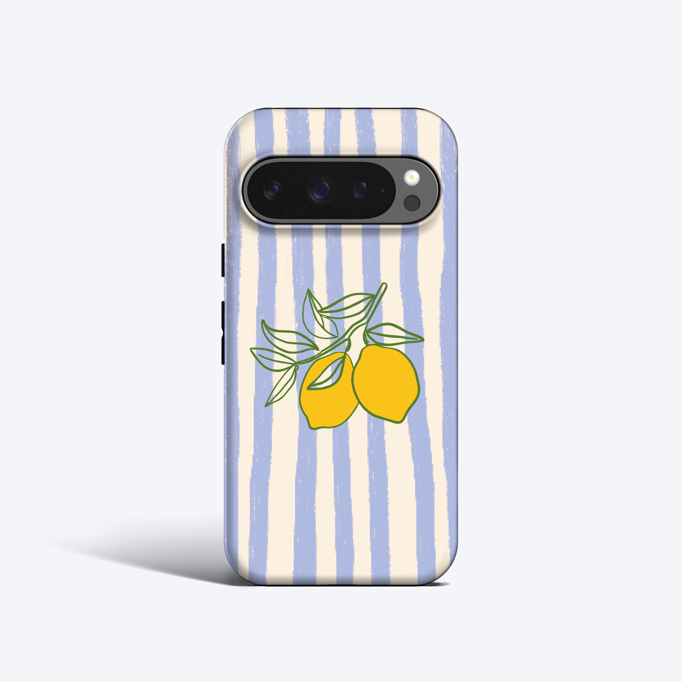 a phone case with two lemons on a striped background
