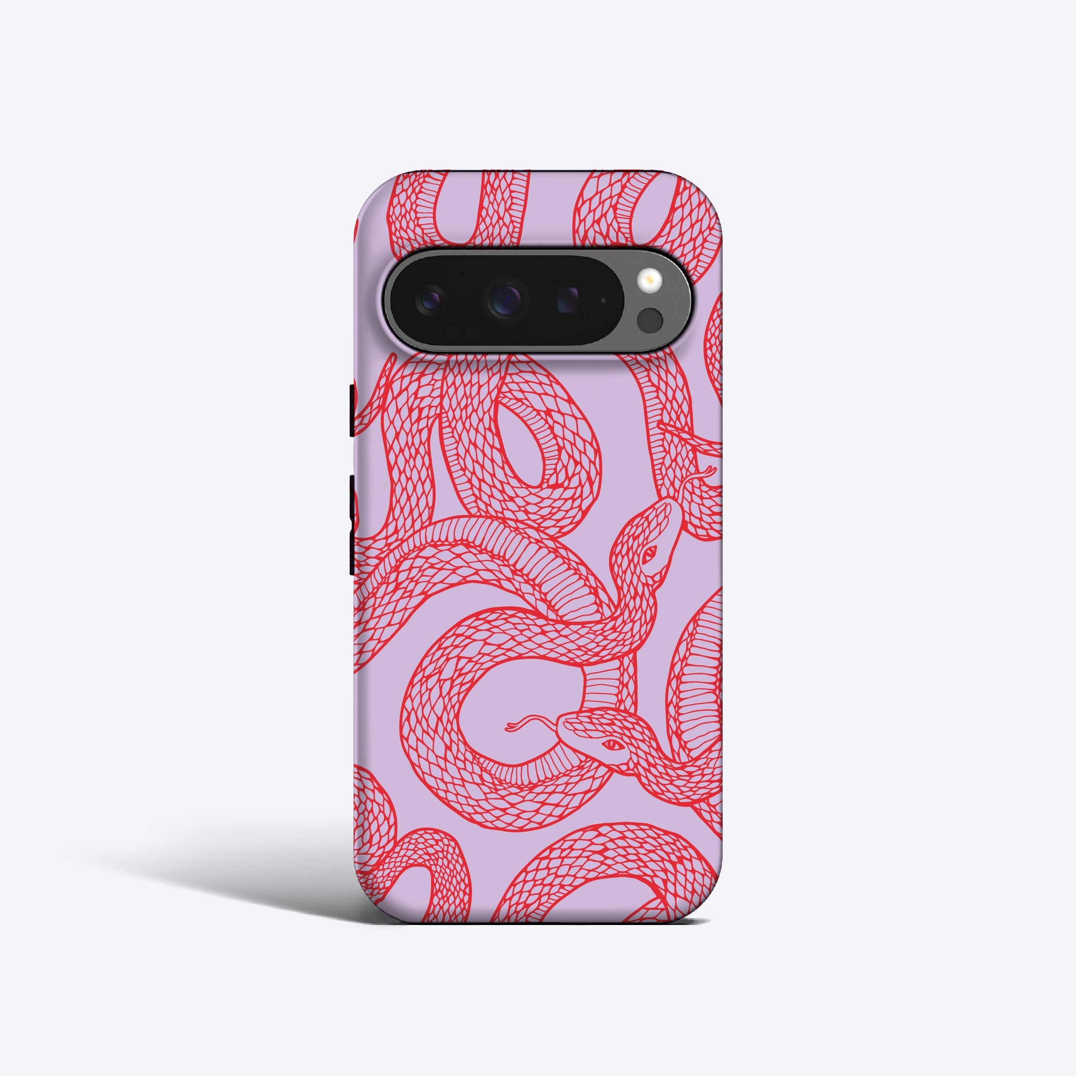 a pink phone case with a red snake on it