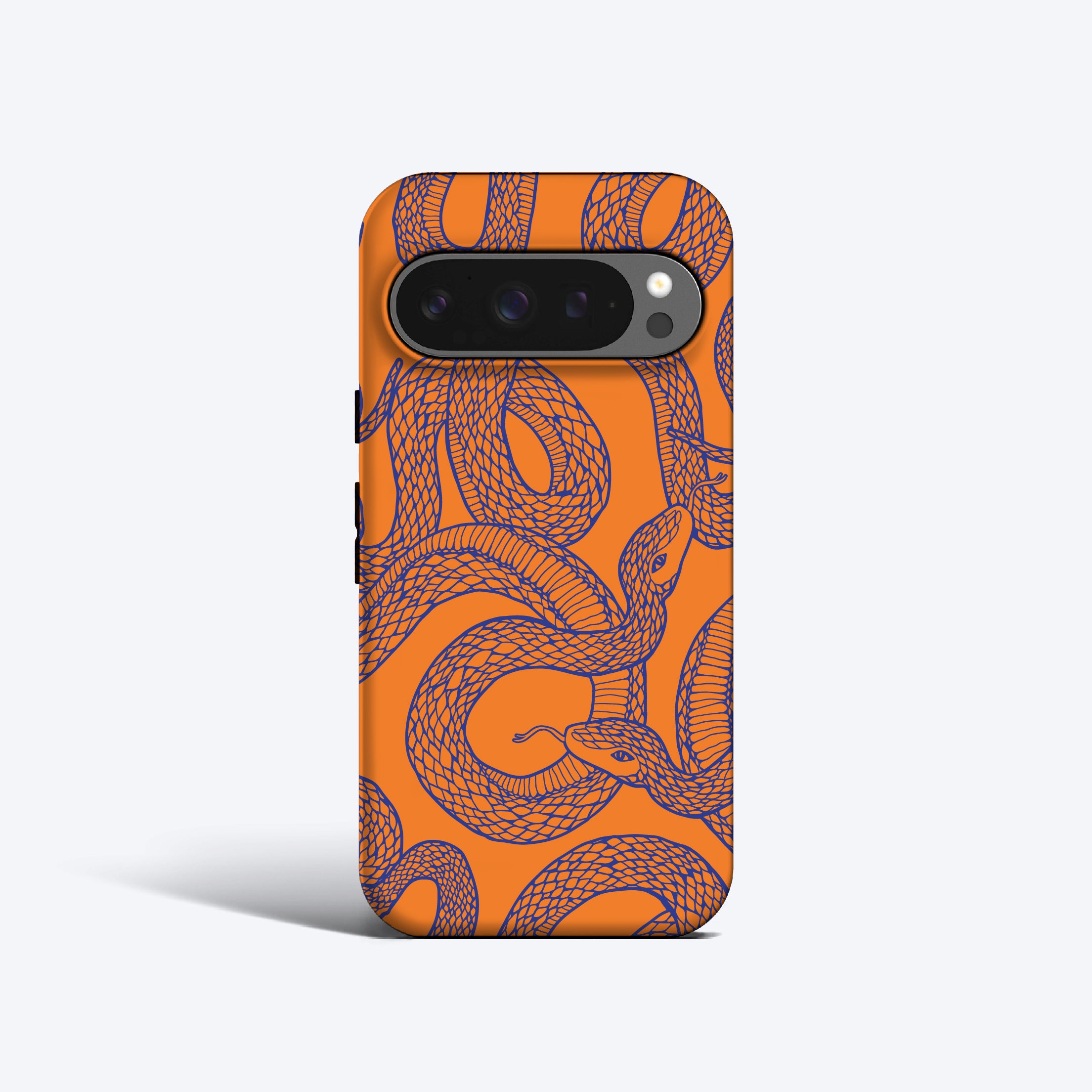 an orange phone case with a snake on it