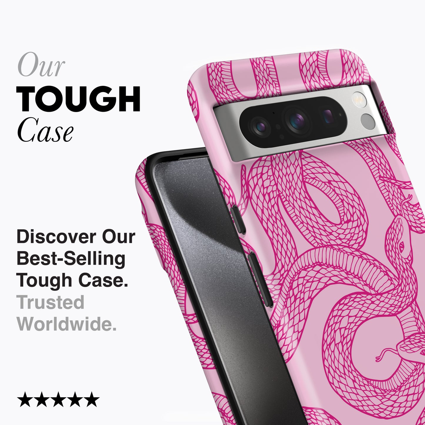 
                  
                    a pink phone case with a snake on it
                  
                