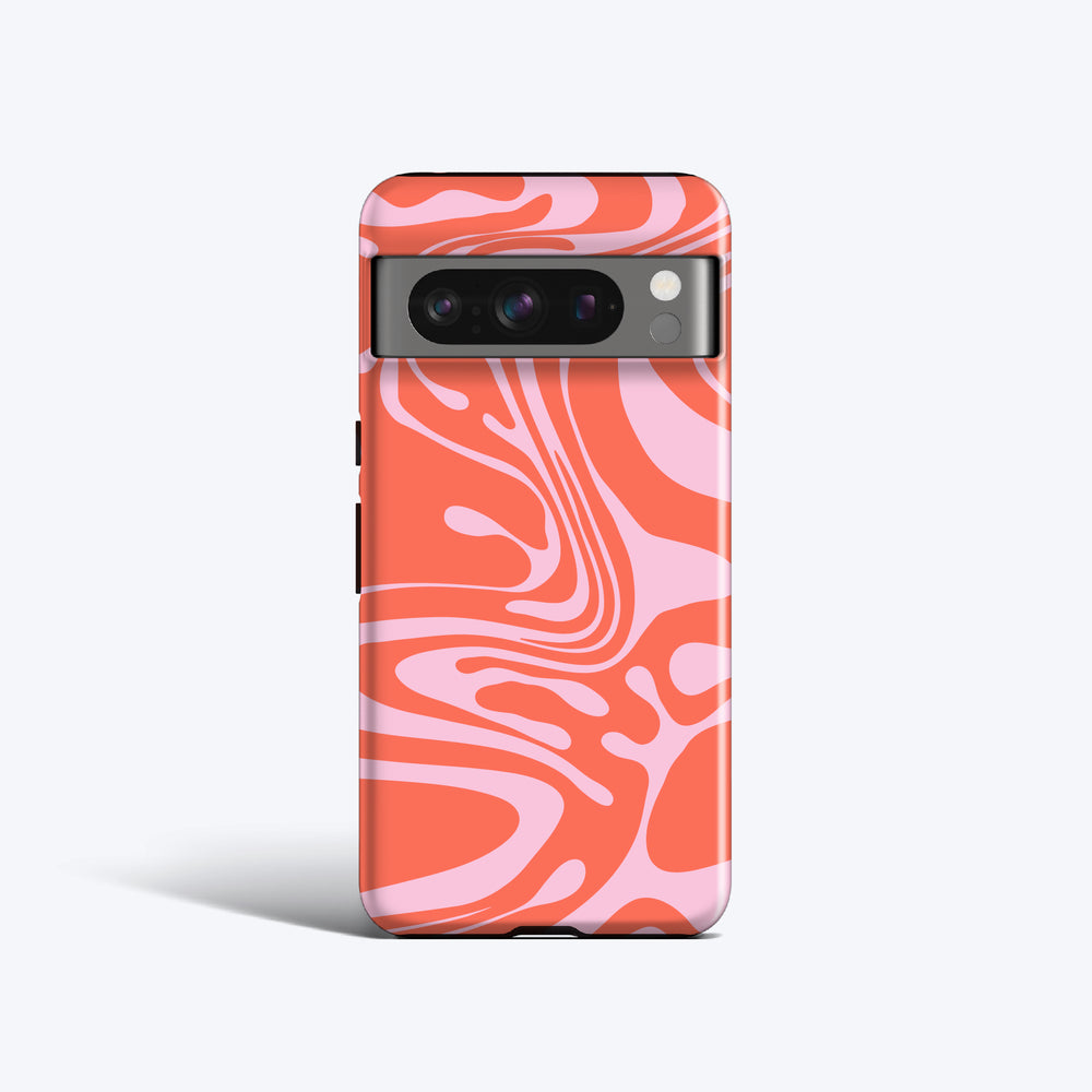 an orange and pink phone case with a swirl design