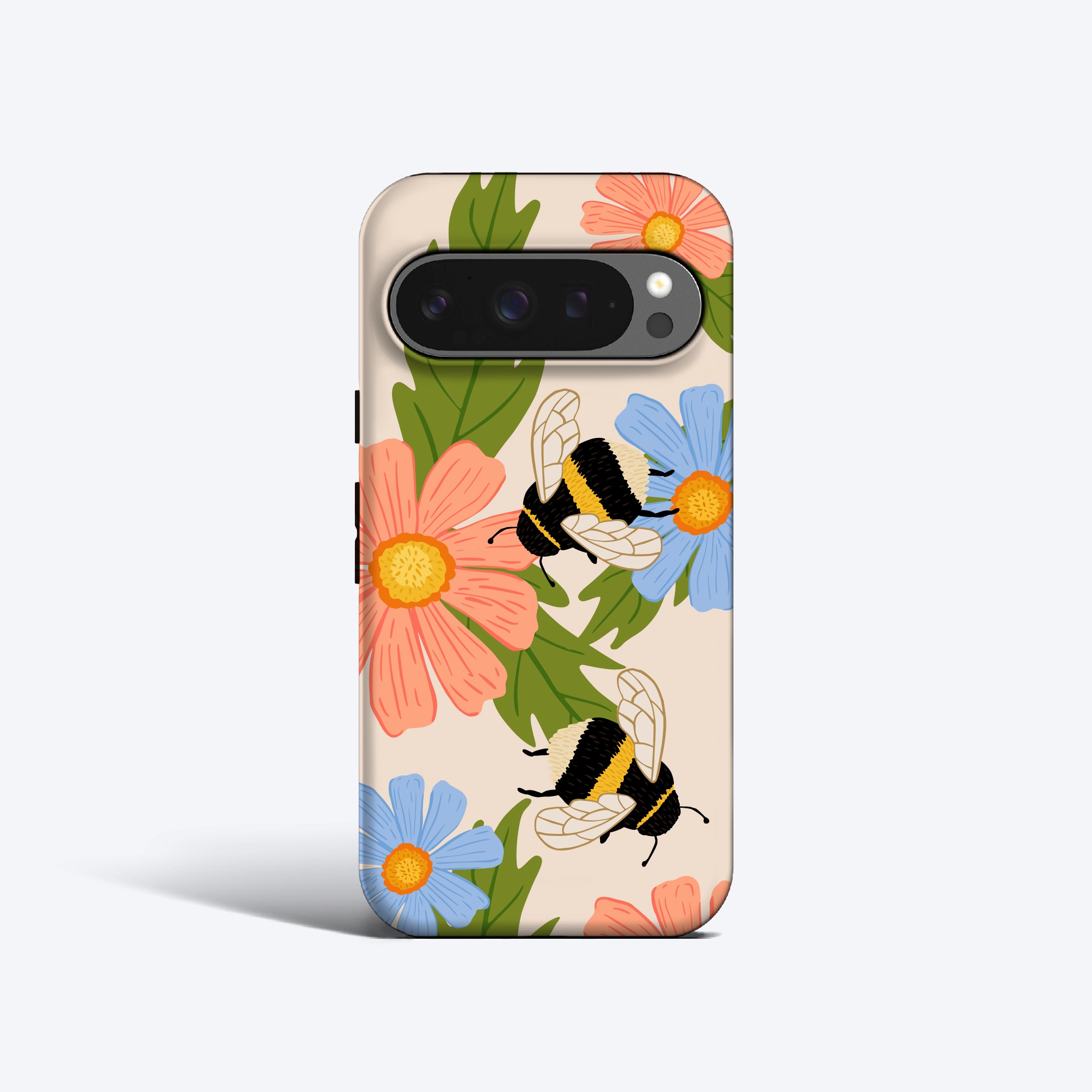 a phone case with a bee and flowers on it