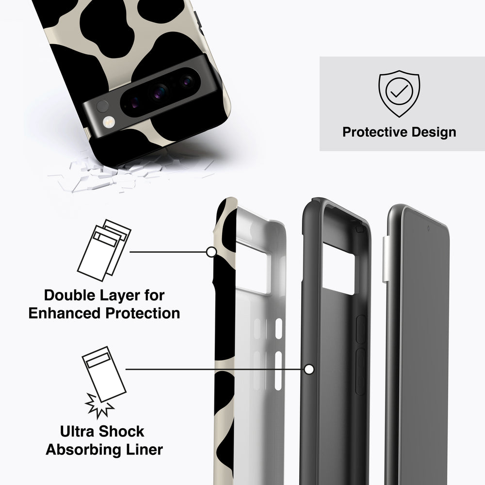 
                  
                    a cell phone case with a cow pattern on it
                  
                